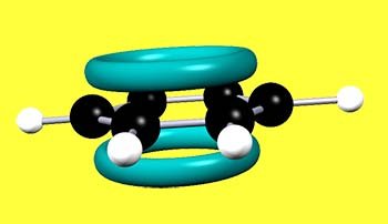 Benzene ring and delocalised pi electrons above and below the ring structure.